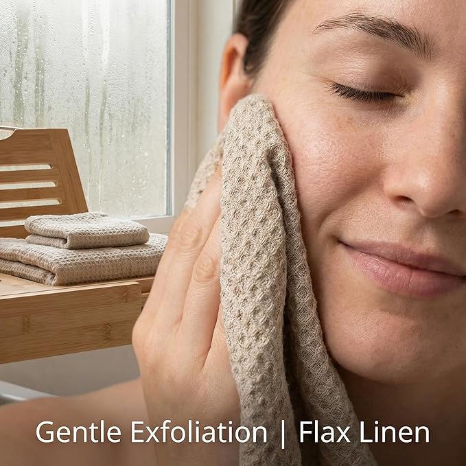 Flax Linen Washcloths for Bathroom - Waffle Washcloths 4-Pack 10x10 inch - Linen Face Cloths - Waffle Weave Cleaning Cloths with Loop - Exfoliating Face Towel for Women
