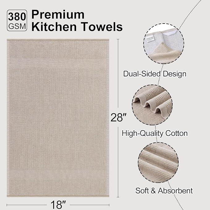 Mordimy Premium Kitchen Towels 8 Pack (18 x 28 Inches, Khaki), Large Cotton Kitchen Hand Towel, Flat & Terry Dish Towels for Drying Dishes, Super Absorbent Tea Dishtowels Set with Hanging Loop