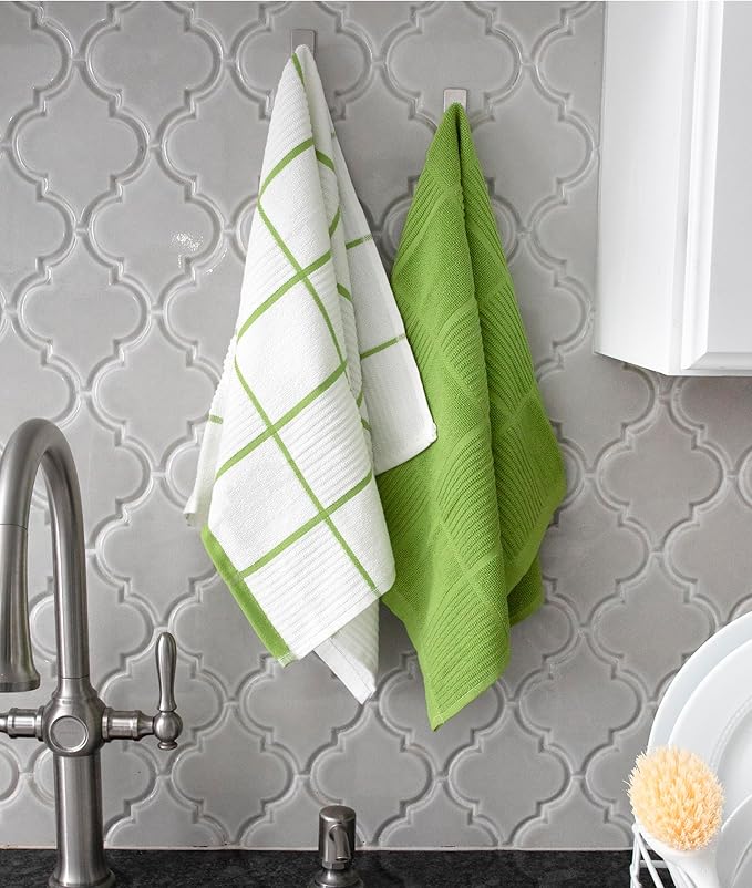 T-Fal Solid & Checked Parquet Kitchen Towels: Highly Absorbent, Super Soft Long Lasting - 100% Cotton, 16"x26" Dish Towels for Cleaning & Drying Dishes, Pans, Glassware, Countertops, 6-Pack, Green
