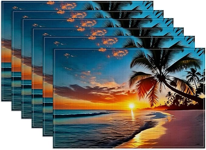 Tropical Beach Palm Tree Sunset Placemats Set of 6, Washable Heat Resistant Table Mat Linen Place Mats for Party Kitchen Dining Home Decor 12x18 Inch