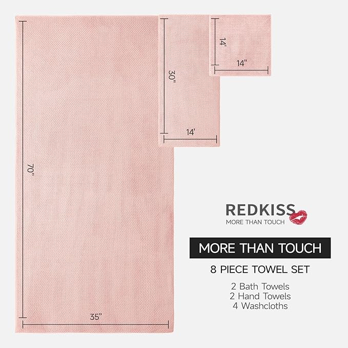 REDKISS Pink Towel Set of 8 - Ultra Soft Microfiber, Contains 2 Large Bath 35x70, 2 Hand 14x30, 4 Washcloths 14x14, Highly Absorbent, Quick Dry, Ideal for Everyday use, Hotel & Spa, Pink
