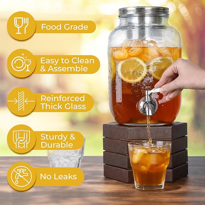 Zulay 1 Gallon Glass Drink Dispenser for Parties – with Spout Lid and Stainless Steel Filter – Leak-Resistant Beverage Dispenser for Events – Lemonade Iced & Sun Tea Infused Water & Juice Dispenser