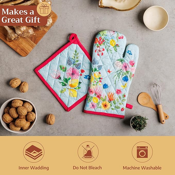 Maison d' Hermine Pot Holders 100% Cotton Heat Resistant Potholders 8" x 8" Hot Pads with Loop BBQ Baking Gifts for Mothers Day Handling Hot Pans Spring/Summer (Pack of 1, Jardin D'Ete - Mint)
