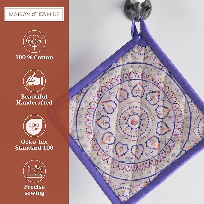 Maison d' Hermine Pot Holders 100% Cotton Heat Resistant Potholders 8" x 8" Hot Pads with Loop BBQ Cooking Baking Gifts for Mothers Day Handling Hot Pans Spring/Summer (Pack of 1, Mandala)