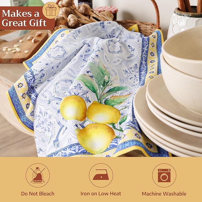 Maison d' Hermine Kitchen Towels Set of 3 100% Cotton 27.50" x 20" Reusable Cloth Tea Dish Towels Absorbent with Hanging Loop for Kitchen Gifts for Mothers Day Spring/Summer (Citrus)