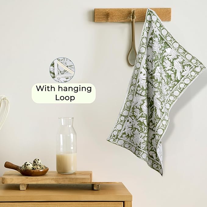 CPC Olive Green Hand Block Print Waffle Kitchen Towel Set of 3-16 x 28 Inch Ultra Absorbent Quick Dry Cotton Lightweight Reusable Sustainable Tea Towels for Cleaning and Drying Gift for Christmas