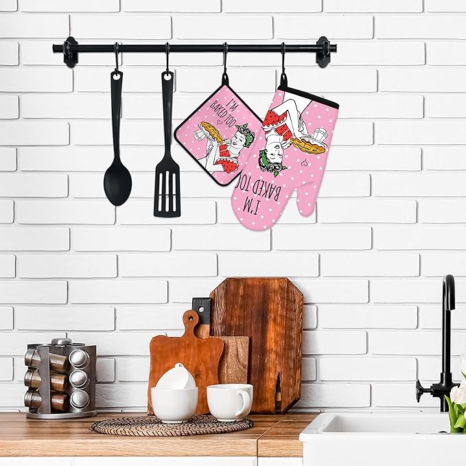 Funny Oven Mitts and Pot Holders Sets Pink Kitchen Accessories Cute Kitchen Decor Funny House Warming Gifts Heat Resistant Cooking Baking Gifts for Women (Pink, Oven Mitts & Pot Holders)
