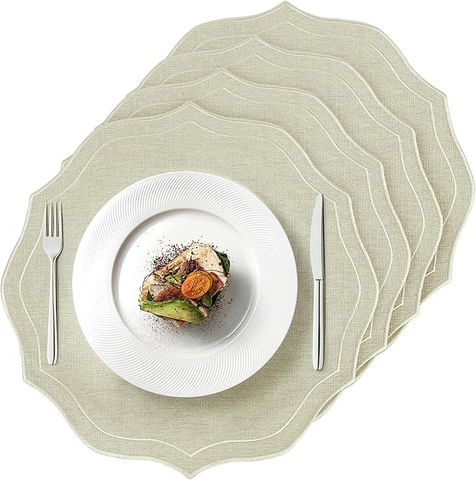 Set of 4 Cotton Linen Placemats, 15x15 Round Scalloped Cloth Table Mats, Embroidery Machine Washable, Wrinkle Resistance Fabric Place Mats for Wedding Summer Baby Shower Party Table Decor-Beige