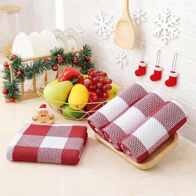 Homaxy 100% Cotton Waffle Weave Check Plaid Kitchen Towels, 13 x 28 Inches, Super Soft and Absorbent Dish Towels for Drying Dishes, 4-Pack, White & Red