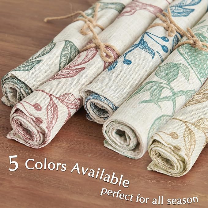 JINCHAN Linen Floral Placemats Set of Cloth Table Mats Rustic Cottagecore Botanical Outdoor Seasonal for Kitchen Dining Decor Heat Resistant Non-Slip Washable Tablemats 13x19 Inch Dark Green