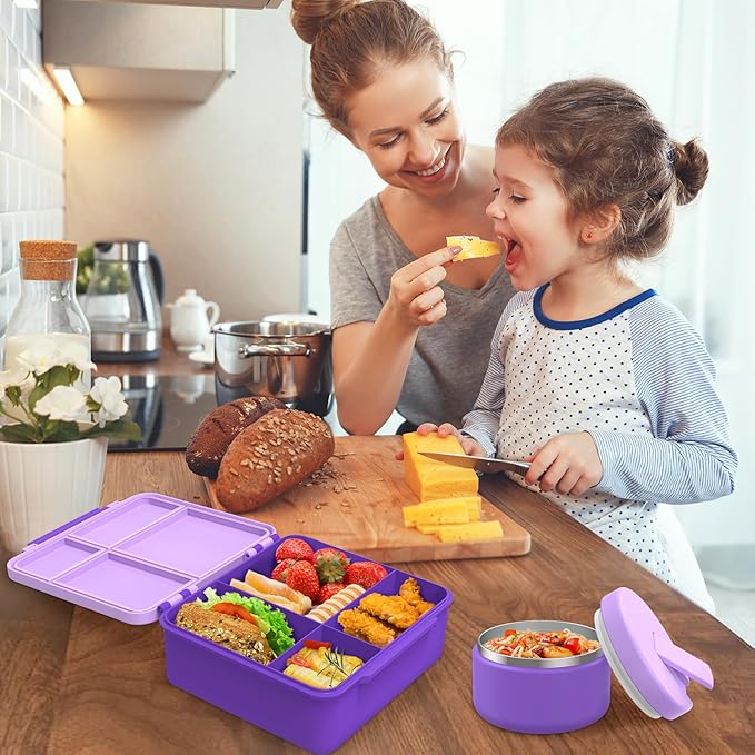 Pawtong Bento Lunch Box with 8oz Soup Thermo, Kids Leakproof Lunch Food Containers with 4 Compartment, Kids Thermo Insulated Hot Food Jar for School, Trvael (Purple)