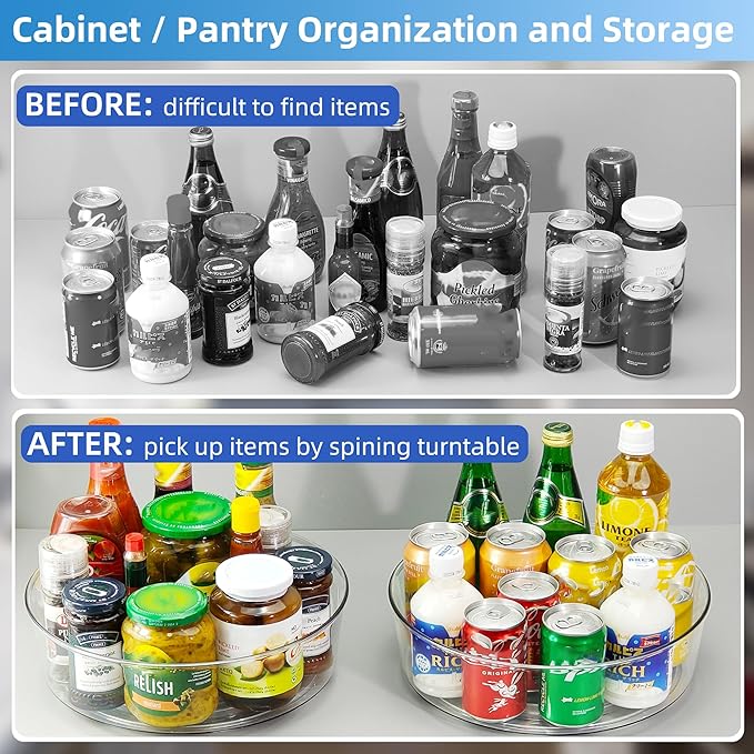 2 Pack Lazy Susan 11.5" Inch Turntable Organizer Organization Storage Container Bins Spice Rack Cabinet Rotating Condiment for Pantry Countertop Kitchen Vanity Bathroom Jewelry Holder Clear