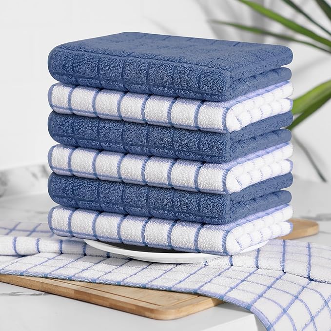 Homaxy Premium Cotton Kitchen Towels 16"x 28", Large Natural Ring Spun 390 GSM Dish Towels, Super Absorbent Terry Kitchen Hand Towels, Soft Tea Towels with Hanging Loop, Navy Blue Check, 12 Pack