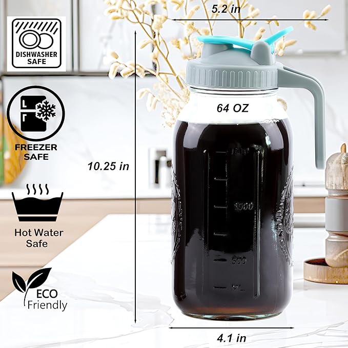 Cold Brew Coffee Maker 64 Oz Wide Mouth Mason Jar Iced Coffee Maker 2 Set Half Gallon Glass Pitcher With Strainer 2 Quart Cold Brew Pitcher With Spout Lids For Fridge, Lemonade, Cold Brew, Milk