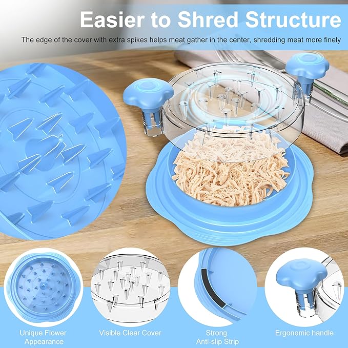 Chicken Shredder Large Chicken Breast Shredder Tool Twist with Brush&Fork, Visible Meat Shredder Machine, Anti-Slip Strip, Ergonomic Handle, BPA Free, Suitable for Pork Beef Chicken(Sky Blue)
