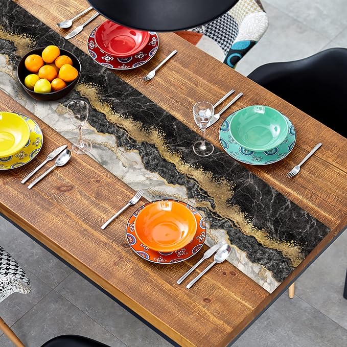 Marble Table Runner 72 Inches Long, Ink Golden Marble Texture Table Runner Dresser Scarves, Rustic Burlap Dining Room Table Decor for Kitchen Wedding Farmhouse Indoor Outdoor Home Party