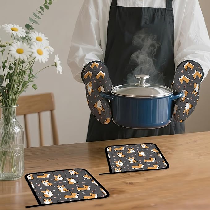 Cute Corgi Dog Oven Mitts and Pot Holders,Heat Resistant Oven Mitts Gloves and Pot Holder for Home Kitchen Decorations Cooking Baking BBQ Gifts,Set of 4
