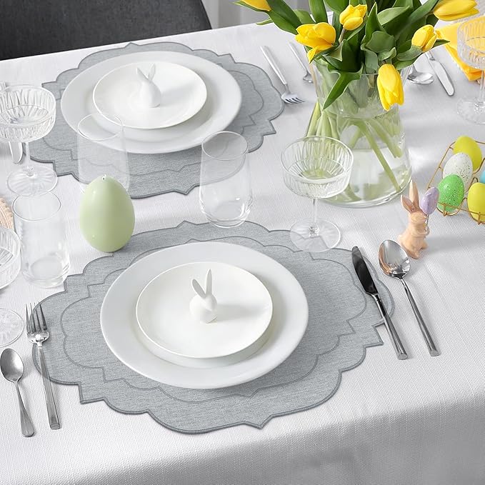 Cotton Linen Oval Placemats Set of 4, HADEEONG Table Mats Cloth Placemats, Washable Wrinkle Resistance, Scalloped & Embroidered Fabric Placemats, 17.71 x 13.77inch (Light Grey, 4)