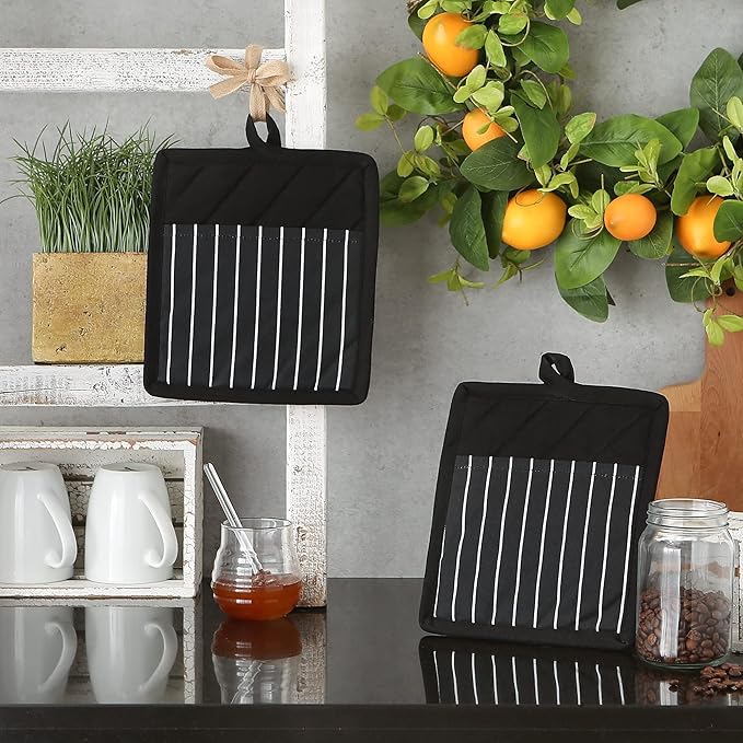 Professional and Commercial Grade, Chef Stripe Kitchen, Potholders, Black