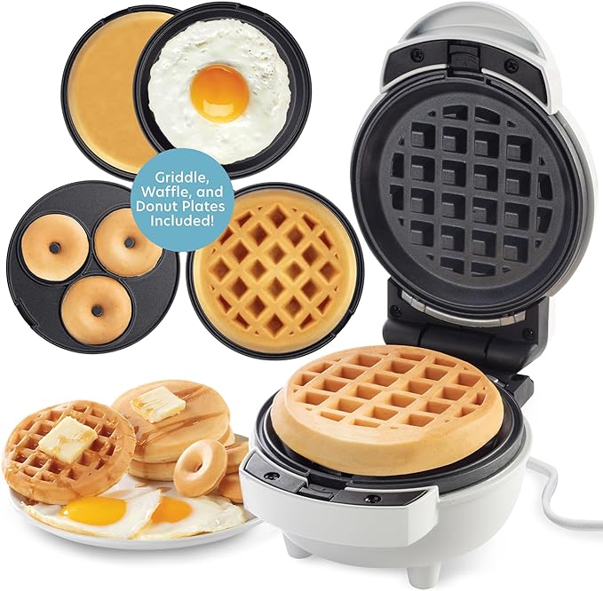 3 in 1 Mini Breakfast Maker- Make Mini Waffles Donuts Pancakes or Eggs all in 1 Multi Use Appliance- Easily Swap & Clean Interchangeable Griddle Plates- Small Electric Nonstick Baker with Recipe Guide