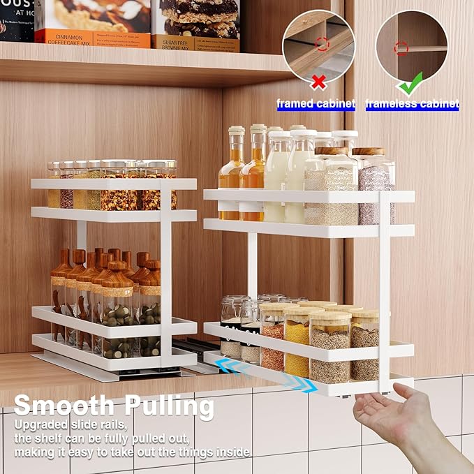 Mustorn Pull Out Spice Rack Organizer for Cabinet, 2 Tier Metal Slide Out Seasoning Organizer and Storage Heavy Duty Vertical Spice Rack Shelf Pullout for Kitchen Cabinets No Drilling(1 Pack, White)