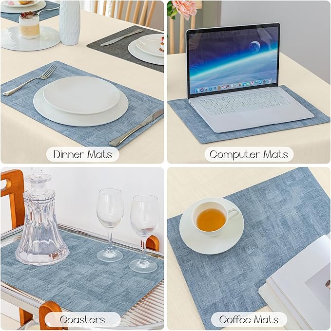 Romanstile Vinyl Placemats Set of 6-12x17 Inch, Reversible Waterproof Washable Non Slip Table Mats, Faux Leather Heat Resistant Wipeable Table Placemats for Dining/Party/Indoor/Outdoor, Grey-Sky Blue
