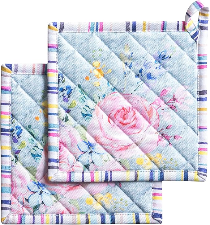 Maison d' Hermine Pot Holders 100% Cotton Heat Resistant Potholders 8" x 8" Hot Pads with Loop Baking Gifts for Mothers Day Handling Hot Pans Spring/Summer (Pack of 2, Sweet Rose Lavender - Lush)