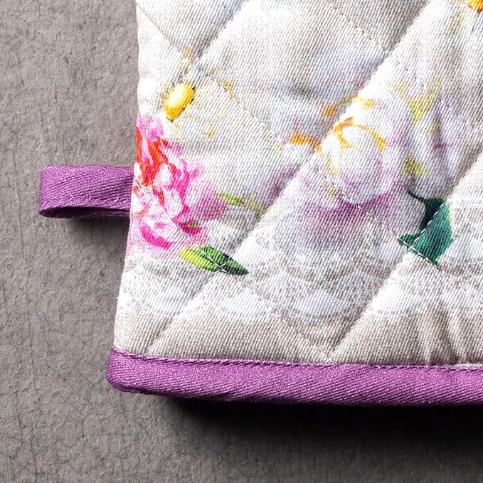 Maison d'Hermine Oven Gloves 100% Cotton Oven Mitt 7" x 13" with Loop Heat Resistant BBQ Cooking Gloves Baking Grilling Gifts for Mothers Day Spring/Summer (Pack of 1, Pivoine)
