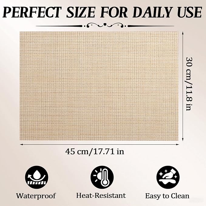 Timeet Placemats Set of 4, Heat Resistant Non-Slip Place Mats for Dining Table, Durable Washable PVC Vinyl Woven Table Mats, Linen Textured Placemats for Kitchen Resistant Easy to Clean(Beige