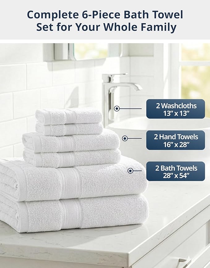 LANE LINEN Bath Towels Set of 6 – 100% Cotton, Zero Twist, 2 Large Bath Towel, 2 Hand Towels & 2 Wash Cloths, Quick Dry & Long-Lasting, Perfect for Family Bathrooms, Easy Care – White Towels