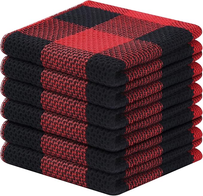 Mordimy 100% Cotton Waffle Weave Plaid Dish Cloths, 12 x 12 Inches, Super Soft and Absorbent Quick Drying Buffalo Check Dish Rags for Kitchen, 6-Pack, Black & Red