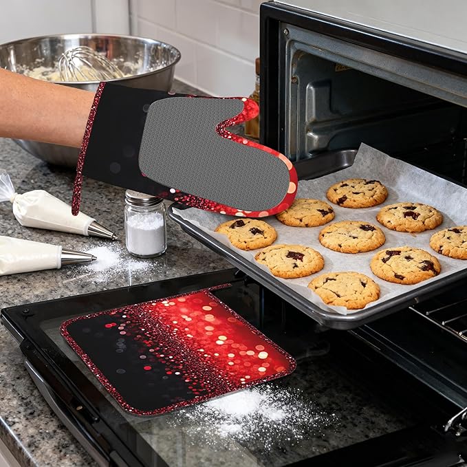 Red Gradient Sparkle Heat-Resistant Silicone Oven Mitts and Pot Holders,Long Oven Gloves with Non-Slip Grip for Cooking, Baking, Grilling,BBQ