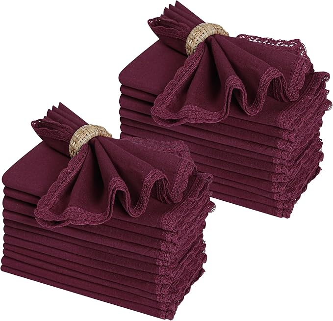 Ramanta Home Linen Flax Cloth Napkins Set of 24 Burgundy, 18x18 Inch | Easter Premium Cotton Linen Flax Lace Soft & Durable | Washable Ideal for Spring Basket Décor, Wedding, Kitchen, Everyday Use