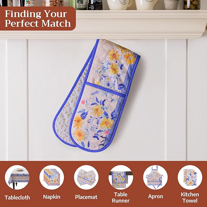 Maison d' Hermine Double Oven Mitts 100% Cotton 7"x35" Double Oven Mitt Heat Resistant BBQ Cooking Gloves with Loop Baking Grilling Gifts for Mothers Day Spring Summer (Girassol)