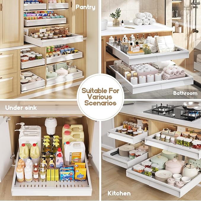Seinloes 4 Pack Pull Out Cabinet Organizer With Raising Pad for Framed Cabinets,Expandable Width (13"-21") and Depth (17"-24"),3 Slide Rails Slide Out Drawers with Handle,No-Drill Roll Out Shelf,White
