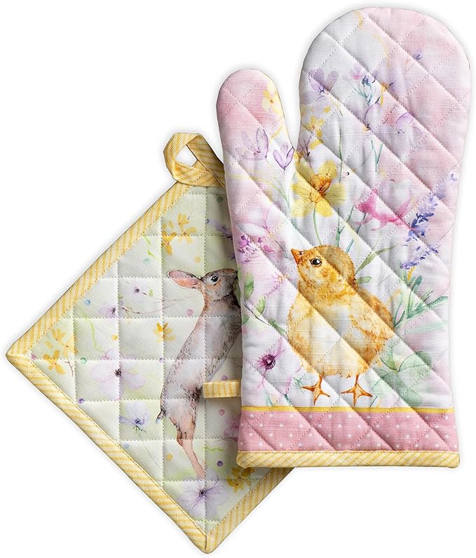 Maison d' Hermine 100% Cotton Oven Mitt & Pot Holder Set (7.5"x13" & 8"x8") Heat Resistant BBQ Cooking Gloves with Loop Baking Grilling Kitchen Gifts for Mothers Day Spring/Summer (Easter Zest)