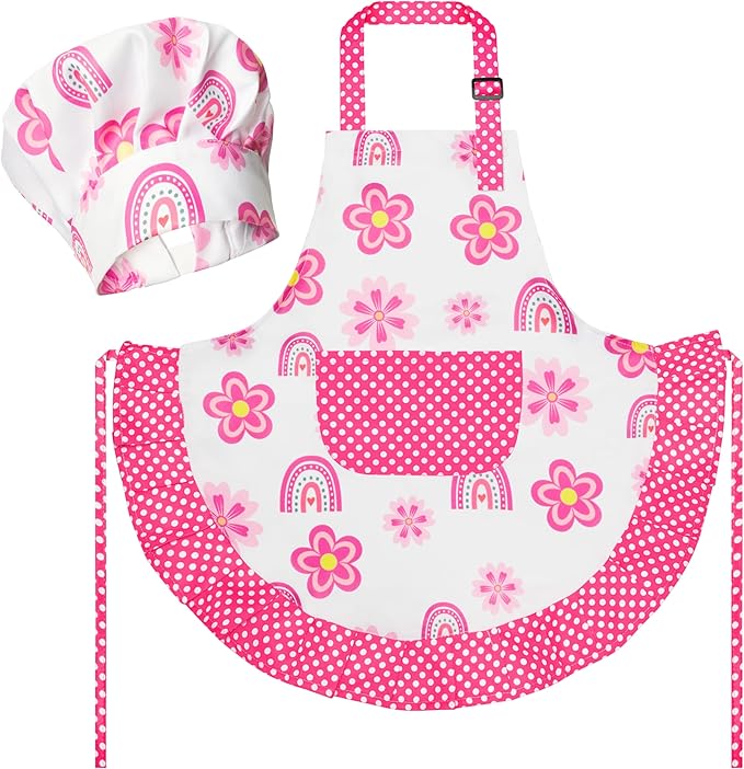 R HORSE Kid Apron and Chef Hat Set - 2Pcs Adjustable Children Pink Rainbow Kitchen Toddler Apron for Girls, Role Play Chef Toy Cooking Baking Painting and Training Kits Kid Funny Cooking Birthday Gift