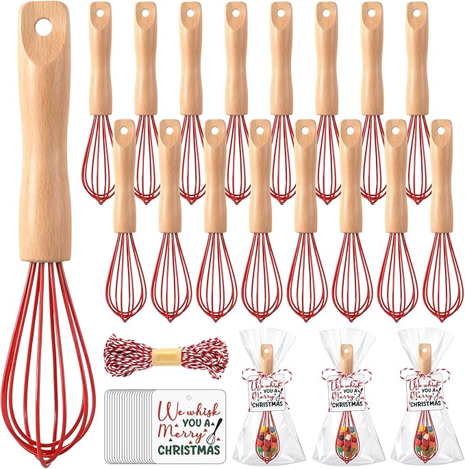 Baderke 20 Sets Baking Gifts Set Includes 8 Inch Silicone Whisk with Wood Handle Wired Stainless Steel Whisk Set Greeting Cards Plastic Bags for Party Birthday Christmas Stuffers Gift(Red)
