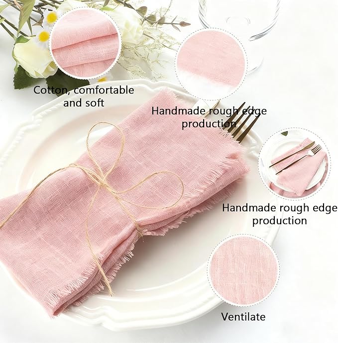 Cotton Blend Fringe Cloth Napkins - Crinkle Gauze Dinner Napkins, Reusable & Washable Table Napkins, 17" x 17" (43 x 43 cm), Multiple Colors, 12/24/48/100 Pack (12, Dusty Rose)