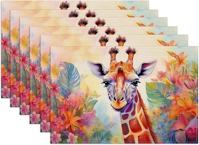 Watercolor Giraffe Placemats Set of 6, Flower Floral Linen Place Mat Washable Stain Resistant Table Mats for Farmhouse Kitchen Party Wedding Decor 12x18 Inch