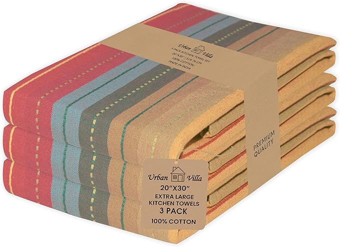 Urban Villa Kitchen Towels 100% Cotton Dish Towels for Kitchen (Set of 3) 20"x30" Highly Absorbent Kitchen Linen Set with Hanging Loop Dish Cloths Perfect for Drying Dishes Cleaning Towels - Red Multi