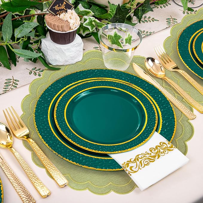 Set of 8 Cotton Linen Placemats Coaster, 15" Scalloped Embroidery Heat Resistant Placemats, 4.7" Kitchen Coaster, Double Layered Machine Washable Table Mat Set Rustic Dinner Table Decoration (Green)