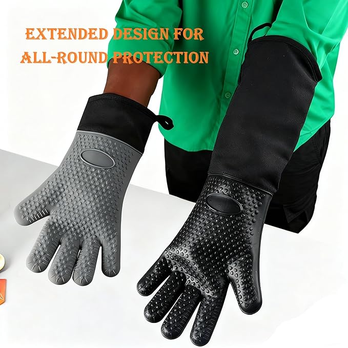 Extra Long Silicone Oven Mitts (20 Inch), Upgraded Heat Resistant 600°F Baking Gloves with Quilted Liner, Forearm Protection Oven Gloves for Pot Holders, Baking, BBQ (Black, 1 Pair)