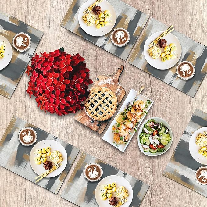 Emvency Vintage Grey Table Runner and Placemats Set of 6, Abstract Dark Gray Brown Decorations for Indoor Outdoor Dining Decor(1 Table Runner 72 inches Long and 6 Placemats)