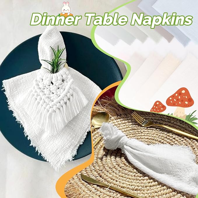 Showgeous 30 Pack White Cloth Napkins with Fringe 16x16 inch 100% Cotton White Napkins Handmade Dinner Napkins Bulk Washable Soft Rustic Table Napkins for Wedding Parties Bridal Baby Shower