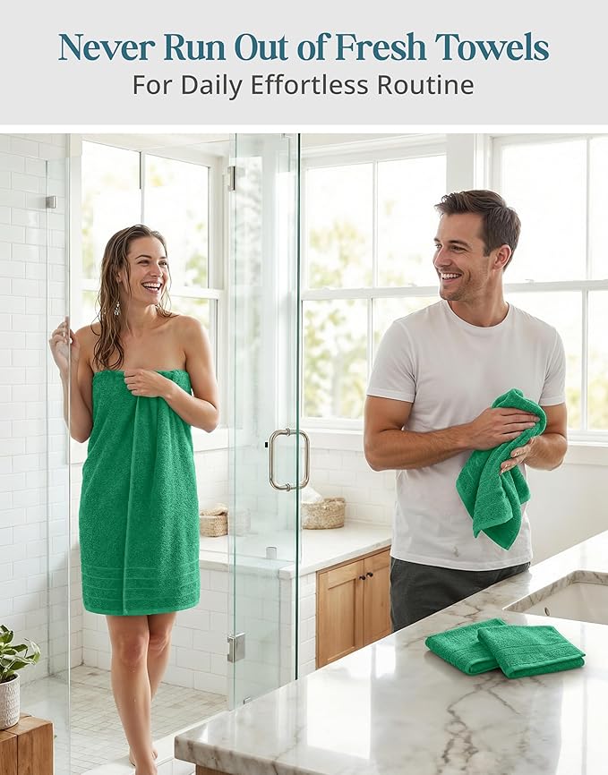 Casa Platino 100% Mercerized Cotton Bathroom Towel Set - 8 Pieces, Hotel Quality - Super Soft & Highly Absorbent - Ring Spun - 2 Large Bath Towels, 4 Washcloths, 2 Hand Towels - Family Pack - Emerald