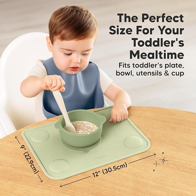 KeaBabies 2pk Silicone Placemats for Toddlers, Kids - 12x9 Non Slip Suction Baby Silicone Placemat for Restaurants, Dining Table,Travel, Easy to Clean, Food Grade/BPA-Free, Small Baby Table Mat (Sage)