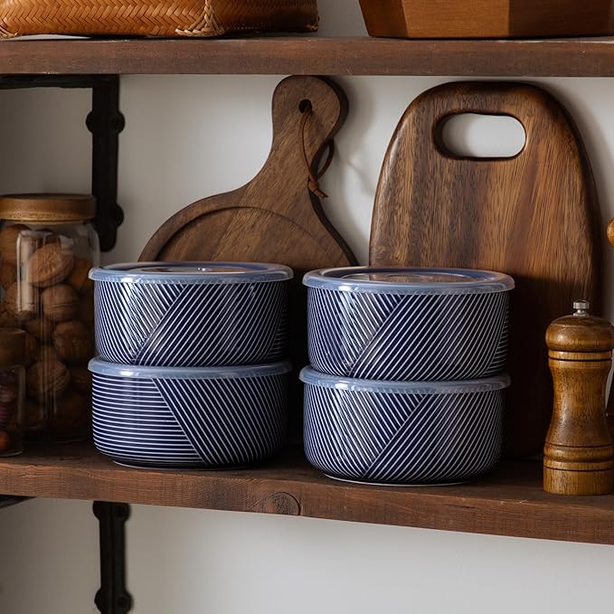 Large Ceramic Bowls with Lids: 32 oz Microwave Safe Food Storage Containers for Soup Salad Meal Prep Lunch Picnic Camping - 6 Inch, Set of 4 (Navy)