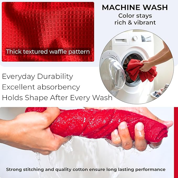 Highly Absorbent Cotton Dish Towels for Drying - Set of 6 Red Kitchen Towels - 18"X28" Lint Free Waffle Weave Cloth Linen Hand Bathroom Bulk Dishtowels