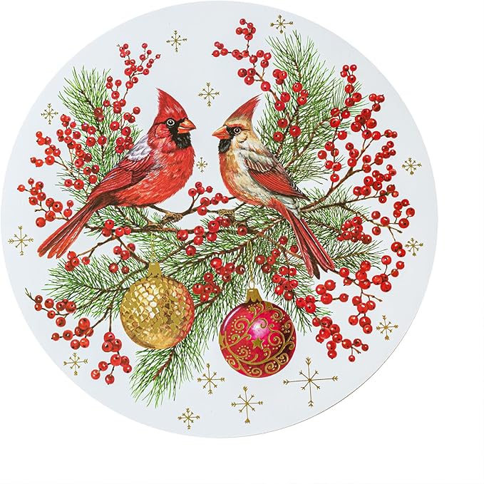 Benson Mills Cork Placemats Set of 4, Thick Cork Place Mats for Kitchen and Dining Tables, Easy Clean Table Mats for Christmas, Winter, and Holidays (13.75" Round Set of 4, Festive Cardinals)
